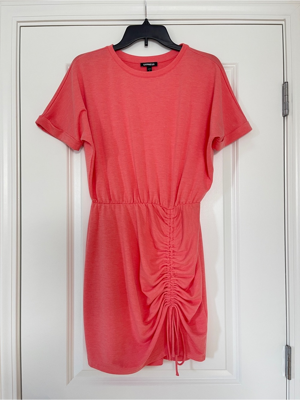 Express Women’s Coral Pink Short Sleeve Ruched Tie-Front T-Shirt Mini Dress, S